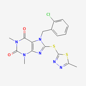 molecular formula C17H15ClN6O2S2 B2386545 7-(2-Chloro-benzyl)-1,3-dimethyl-8-(5-methyl-[1,3,4]thiadiazol-2-ylsulfanyl)-3,7-dihydro-purine-2,6-dione CAS No. 797775-49-6