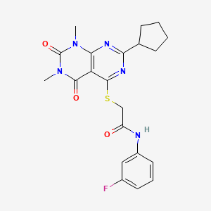 molecular formula C21H22FN5O3S B2386633 2-((2-cyclopentyl-6,8-dimethyl-5,7-dioxo-5,6,7,8-tetrahydropyrimido[4,5-d]pyrimidin-4-yl)thio)-N-(3-fluorophenyl)acetamide CAS No. 872612-69-6