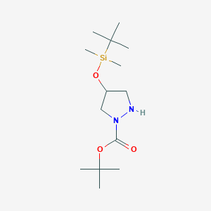 molecular formula C14H30N2O3Si B2386652 4-(Tert-butyl-dimethyl-silanyloxy)-pyrazolidine-1-carboxylic acid tert-butyl ester CAS No. 773894-28-3