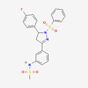 molecular formula C22H20FN3O4S2 B2386711 N-(3-(5-(4-fluorophenyl)-1-(phenylsulfonyl)-4,5-dihydro-1H-pyrazol-3-yl)phenyl)methanesulfonamide CAS No. 851782-17-7