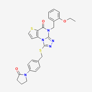 molecular formula C27H25N5O3S2 B2386766 4-(2-ethoxybenzyl)-1-((4-(2-oxopyrrolidin-1-yl)benzyl)thio)thieno[2,3-e][1,2,4]triazolo[4,3-a]pyrimidin-5(4H)-one CAS No. 1184966-52-6