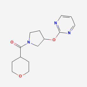 molecular formula C14H19N3O3 B2386794 (3-(pyrimidin-2-yloxy)pyrrolidin-1-yl)(tetrahydro-2H-pyran-4-yl)methanone CAS No. 2034433-94-6