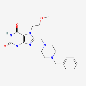 molecular formula C21H28N6O3 B2386807 8-[(4-苄基哌嗪-1-基)甲基]-7-(2-甲氧基乙基)-3-甲基嘌呤-2,6-二酮 CAS No. 896678-71-0