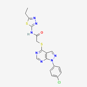 molecular formula C17H14ClN7OS2 B2386831 2-((1-(4-chlorophenyl)-1H-pyrazolo[3,4-d]pyrimidin-4-yl)thio)-N-(5-ethyl-1,3,4-thiadiazol-2-yl)acetamide CAS No. 893914-50-6