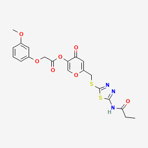 molecular formula C20H19N3O7S2 B2386836 4-氧代-6-(((5-丙酰胺基-1,3,4-噻二唑-2-基)硫代)甲基)-4H-吡喃-3-基 2-(3-甲氧基苯氧基)乙酸酯 CAS No. 896007-31-1