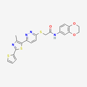 molecular formula C22H18N4O3S3 B2386923 N-(2,3-dihydrobenzo[b][1,4]dioxin-6-yl)-2-((6-(4-methyl-2-(thiophen-2-yl)thiazol-5-yl)pyridazin-3-yl)thio)acetamide CAS No. 1115428-64-2