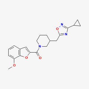 molecular formula C21H23N3O4 B2386976 (3-((3-Cyclopropyl-1,2,4-oxadiazol-5-yl)methyl)piperidin-1-yl)(7-methoxybenzofuran-2-yl)methanone CAS No. 1705127-01-0