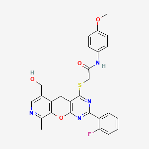 molecular formula C27H23FN4O4S B2387014 2-((2-(2-fluorophenyl)-6-(hydroxymethyl)-9-methyl-5H-pyrido[4',3':5,6]pyrano[2,3-d]pyrimidin-4-yl)thio)-N-(4-methoxyphenyl)acetamide CAS No. 892386-24-2
