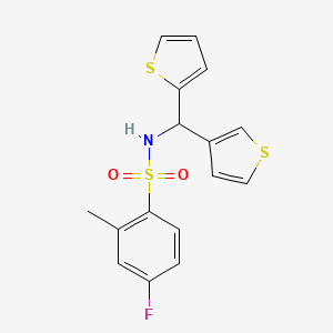 molecular formula C16H14FNO2S3 B2387032 4-fluoro-2-methyl-N-(thiophen-2-yl(thiophen-3-yl)methyl)benzenesulfonamide CAS No. 2034458-97-2