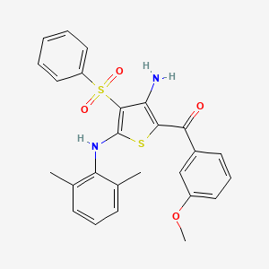 molecular formula C26H24N2O4S2 B2387042 (3-Amino-5-((2,6-dimethylphenyl)amino)-4-(phenylsulfonyl)thiophen-2-yl)(3-methoxyphenyl)methanone CAS No. 890817-99-9