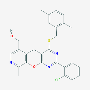 molecular formula C27H24ClN3O2S B2387086 {2-(2-chlorophenyl)-4-[(2,5-dimethylbenzyl)thio]-9-methyl-5H-pyrido[4',3':5,6]pyrano[2,3-d]pyrimidin-6-yl}methanol CAS No. 892417-22-0