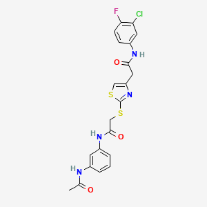 molecular formula C21H18ClFN4O3S2 B2387109 N-(3-acetamidophenyl)-2-((4-(2-((3-chloro-4-fluorophenyl)amino)-2-oxoethyl)thiazol-2-yl)thio)acetamide CAS No. 954040-30-3