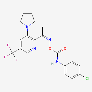 molecular formula C19H18ClF3N4O2 B2387110 2-({[(4-Chloroanilino)carbonyl]oxy}ethanimidoyl)-3-(1-pyrrolidinyl)-5-(trifluoromethyl)pyridine CAS No. 860611-42-3