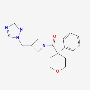 molecular formula C18H22N4O2 B2387120 (3-((1H-1,2,4-triazol-1-yl)methyl)azetidin-1-yl)(4-phenyltetrahydro-2H-pyran-4-yl)methanone CAS No. 2319809-46-4
