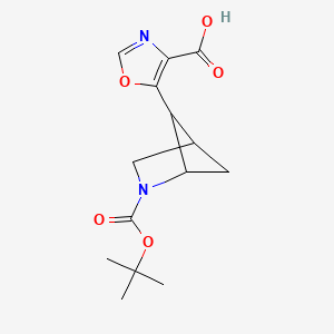 molecular formula C14H18N2O5 B2387125 5-(2-(tert-Butoxycarbonyl)-2-azabicyclo[2.1.1]hexan-5-yl)oxazole-4-carboxylic acid CAS No. 2225136-40-1