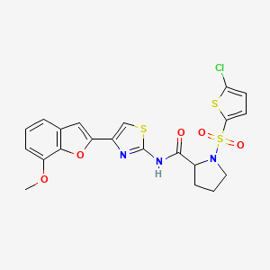 molecular formula C21H18ClN3O5S3 B2387159 1-((5-chlorothiophen-2-yl)sulfonyl)-N-(4-(7-methoxybenzofuran-2-yl)thiazol-2-yl)pyrrolidine-2-carboxamide CAS No. 1049827-66-8