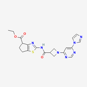 molecular formula C20H21N7O3S B2387194 ethyl 2-(1-(6-(1H-imidazol-1-yl)pyrimidin-4-yl)azetidine-3-carboxamido)-5,6-dihydro-4H-cyclopenta[d]thiazole-4-carboxylate CAS No. 2034230-32-3