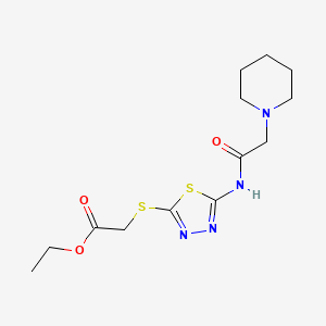 molecular formula C13H20N4O3S2 B2387236 2-({5-[(2-ピペリジノアセチル)アミノ]-1,3,4-チアゾール-2-イル}スルファニル)酢酸エチル CAS No. 329699-28-7