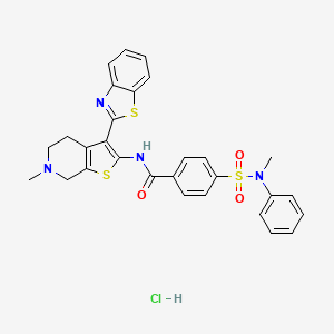 molecular formula C29H27ClN4O3S3 B2387386 N-(3-(benzo[d]thiazol-2-yl)-6-methyl-4,5,6,7-tetrahydrothieno[2,3-c]pyridin-2-yl)-4-(N-methyl-N-phenylsulfamoyl)benzamide hydrochloride CAS No. 1216999-74-4