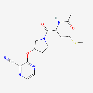 molecular formula C16H21N5O3S B2387394 N-(1-(3-((3-cyanopyrazin-2-yl)oxy)pyrrolidin-1-yl)-4-(methylthio)-1-oxobutan-2-yl)acetamide CAS No. 2034200-58-1