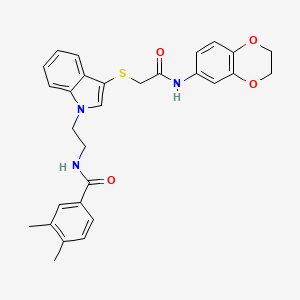 molecular formula C29H29N3O4S B2387431 N-[2-[3-[2-(2,3-dihydro-1,4-benzodioxin-6-ylamino)-2-oxoethyl]sulfanylindol-1-yl]ethyl]-3,4-dimethylbenzamide CAS No. 532974-98-4