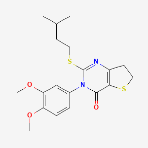 molecular formula C19H24N2O3S2 B2387456 3-(3,4-Dimethoxyphenyl)-2-(3-methylbutylsulfanyl)-6,7-dihydrothieno[3,2-d]pyrimidin-4-one CAS No. 877655-44-2
