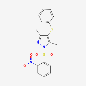 molecular formula C17H15N3O4S2 B2387465 3,5-Dimethyl-1-(2-nitro-benzenesulfonyl)-4-phenylsulfanyl-1H-pyrazole CAS No. 302582-55-4