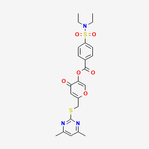 molecular formula C23H25N3O6S2 B2387478 6-(((4,6-dimethylpyrimidin-2-yl)thio)methyl)-4-oxo-4H-pyran-3-yl 4-(N,N-diethylsulfamoyl)benzoate CAS No. 877637-67-7