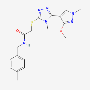 molecular formula C18H22N6O2S B2387562 2-((5-(3-methoxy-1-methyl-1H-pyrazol-4-yl)-4-methyl-4H-1,2,4-triazol-3-yl)thio)-N-(4-methylbenzyl)acetamide CAS No. 1014072-26-4