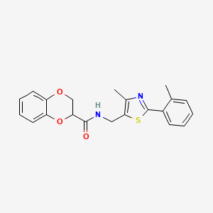 molecular formula C21H20N2O3S B2387658 N-((4-methyl-2-(o-tolyl)thiazol-5-yl)methyl)-2,3-dihydrobenzo[b][1,4]dioxine-2-carboxamide CAS No. 1704629-66-2