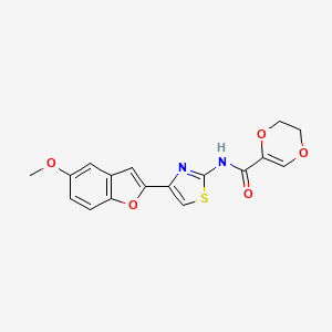 molecular formula C17H14N2O5S B2387689 N-(4-(5-methoxybenzofuran-2-yl)thiazol-2-yl)-5,6-dihydro-1,4-dioxine-2-carboxamide CAS No. 922107-12-8
