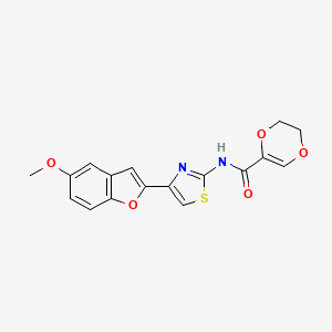 molecular formula C17H14N2O5S B2387689 N-(4-(5-甲氧基苯并呋喃-2-基)噻唑-2-基)-5,6-二氢-1,4-二噁烷-2-甲酰胺 CAS No. 922107-12-8