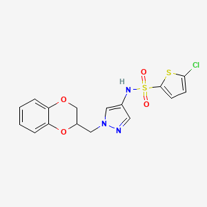 molecular formula C16H14ClN3O4S2 B2387698 5-chloro-N-(1-((2,3-dihydrobenzo[b][1,4]dioxin-2-yl)methyl)-1H-pyrazol-4-yl)thiophene-2-sulfonamide CAS No. 1788846-60-5