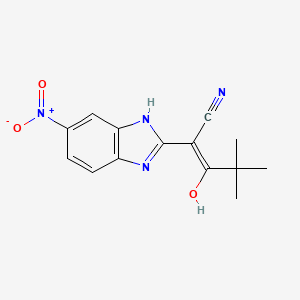 molecular formula C14H14N4O3 B2387725 4,4-Dimethyl-2-(5-nitro(3-hydrobenzimidazol-2-ylidene))-3-oxopentanenitrile CAS No. 1025145-35-0