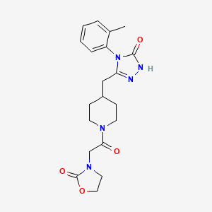 molecular formula C20H25N5O4 B2387792 3-(2-oxo-2-(4-((5-oxo-4-(o-tolyl)-4,5-dihydro-1H-1,2,4-triazol-3-yl)methyl)piperidin-1-yl)ethyl)oxazolidin-2-one CAS No. 2034475-65-3
