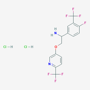 molecular formula C15H13Cl2F7N2O B2387798 1-[4-Fluoro-3-(trifluorometil)fenil]-2-[6-(trifluorometil)piridin-3-il]oxietanamina; dihidrocloruro CAS No. 2377034-82-5