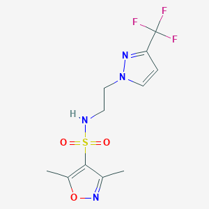 molecular formula C11H13F3N4O3S B2387825 3,5-dimethyl-N-(2-(3-(trifluoromethyl)-1H-pyrazol-1-yl)ethyl)isoxazole-4-sulfonamide CAS No. 1448053-94-8