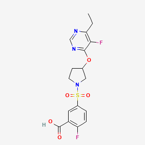 molecular formula C17H17F2N3O5S B2387911 5-((3-((6-Ethyl-5-fluoropyrimidin-4-yl)oxy)pyrrolidin-1-yl)sulfonyl)-2-fluorobenzoic acid CAS No. 2034436-57-0