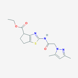 molecular formula C16H20N4O3S B2387946 ethyl 2-(2-(3,5-dimethyl-1H-pyrazol-1-yl)acetamido)-5,6-dihydro-4H-cyclopenta[d]thiazole-4-carboxylate CAS No. 1219904-34-3