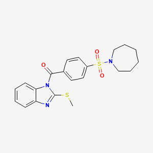 molecular formula C21H23N3O3S2 B2388022 (4-(氮杂环庚烷-1-磺酰基)苯基)(2-(甲硫基)-1H-苯并[d]咪唑-1-基)甲酮 CAS No. 612525-05-0