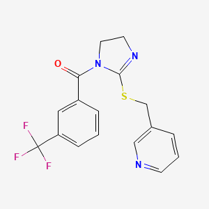 molecular formula C17H14F3N3OS B2388072 [2-(Pyridin-3-ylmethylsulfanyl)-4,5-dihydroimidazol-1-yl]-[3-(trifluoromethyl)phenyl]methanone CAS No. 851807-74-4