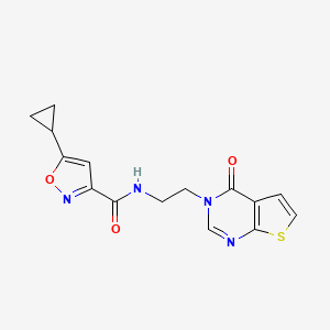 molecular formula C15H14N4O3S B2388075 5-cyclopropyl-N-(2-(4-oxothieno[2,3-d]pyrimidin-3(4H)-yl)ethyl)isoxazole-3-carboxamide CAS No. 2034600-87-6