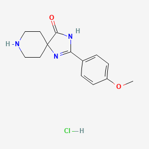 molecular formula C14H18ClN3O2 B2388082 2-(4-Methoxyphenyl)-1,3,8-triazaspiro[4.5]dec-1-en-4-one hydrochloride CAS No. 1779133-27-5