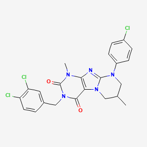 molecular formula C23H20Cl3N5O2 B2388114 9-(4-chlorophenyl)-3-[(3,4-dichlorophenyl)methyl]-1,7-dimethyl-7,8-dihydro-6H-purino[7,8-a]pyrimidine-2,4-dione CAS No. 862197-52-2