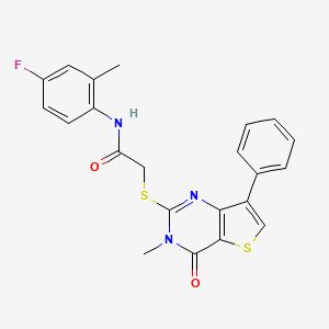 molecular formula C22H18FN3O2S2 B2388148 N-(4-fluoro-2-methylphenyl)-2-[(3-methyl-4-oxo-7-phenyl-3,4-dihydrothieno[3,2-d]pyrimidin-2-yl)sulfanyl]acetamide CAS No. 1111292-28-4