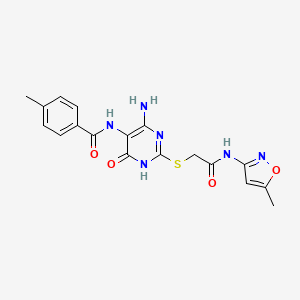 molecular formula C18H18N6O4S B2388221 N-(4-amino-2-((2-((5-methylisoxazol-3-yl)amino)-2-oxoethyl)thio)-6-oxo-1,6-dihydropyrimidin-5-yl)-4-methylbenzamide CAS No. 888425-73-8