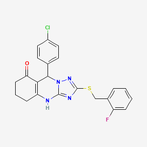molecular formula C22H18ClFN4OS B2388247 9-(4-chlorophenyl)-2-((2-fluorobenzyl)thio)-5,6,7,9-tetrahydro-[1,2,4]triazolo[5,1-b]quinazolin-8(4H)-one CAS No. 536981-91-6