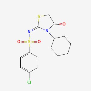 molecular formula C15H17ClN2O3S2 B2388287 (E)-4-chloro-N-(3-cyclohexyl-4-oxothiazolidin-2-ylidene)benzenesulfonamide CAS No. 627470-88-6