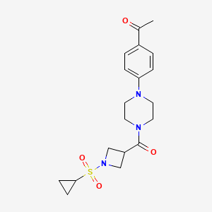 molecular formula C19H25N3O4S B2388315 1-(4-(4-(1-(Cyclopropylsulfonyl)azetidine-3-carbonyl)piperazin-1-yl)phenyl)ethanone CAS No. 1428349-37-4