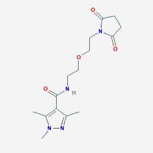 molecular formula C15H22N4O4 B2388382 N-(2-(2-(2,5-dioxopyrrolidin-1-yl)ethoxy)ethyl)-1,3,5-trimethyl-1H-pyrazole-4-carboxamide CAS No. 2034202-50-9